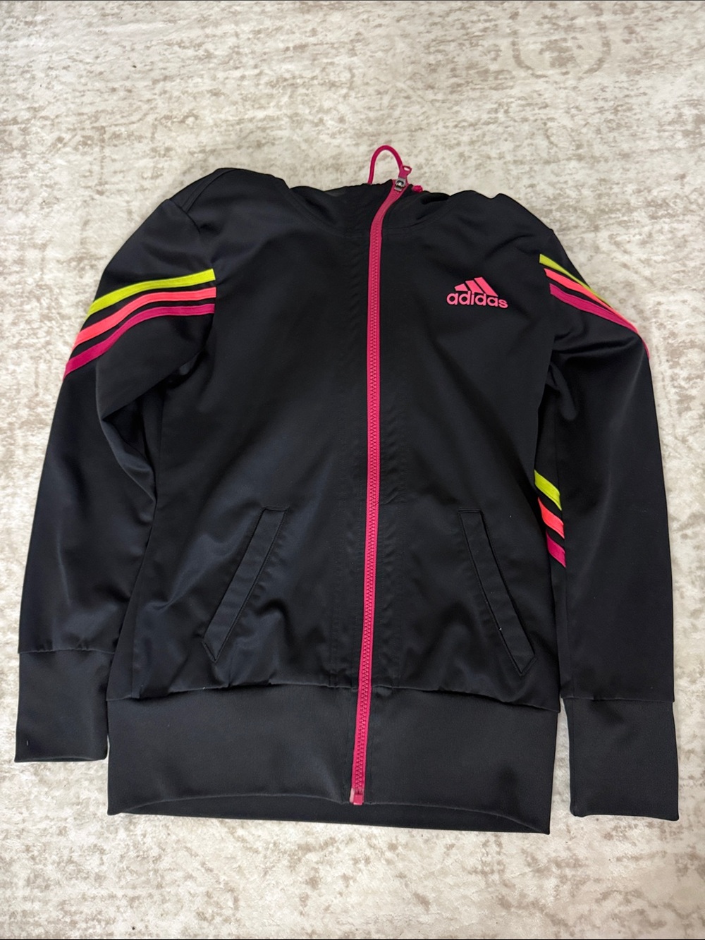 adidas Black Jacket with Pink & Yellow Stripe Accents